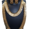 Impon Lakshmi Kasu Malai, a gold-toned coin necklace set with two overlapping coin chains and matching earrings with red and green stones