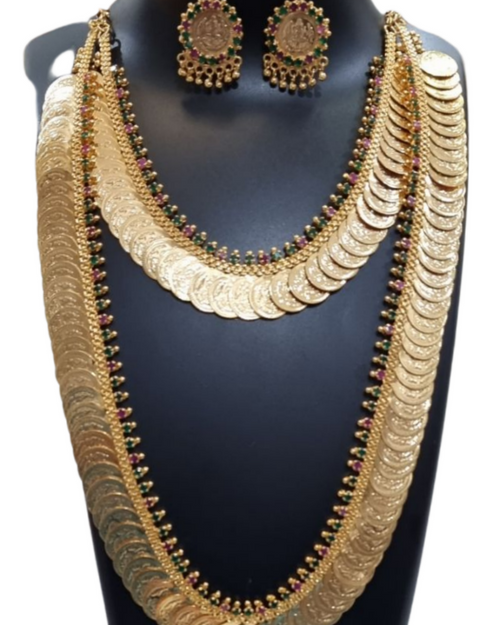 Impon Lakshmi Kasu Malai with layered coins and earrings