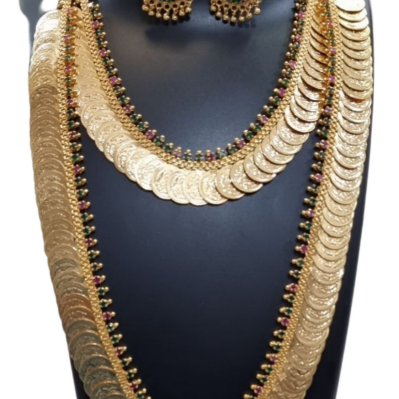 Impon Lakshmi Kasu Malai with layered coins and earrings