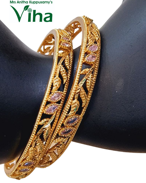 Impon Bangles | Size - 2.8 with filigree leaf pattern and pink stones