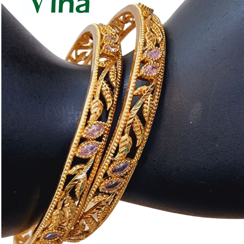 Impon Bangles | Size - 2.8 with filigree leaf pattern and pink stones