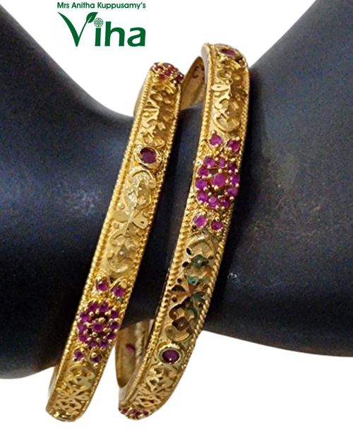 Impon Bangles with embossed patterns and pink stones