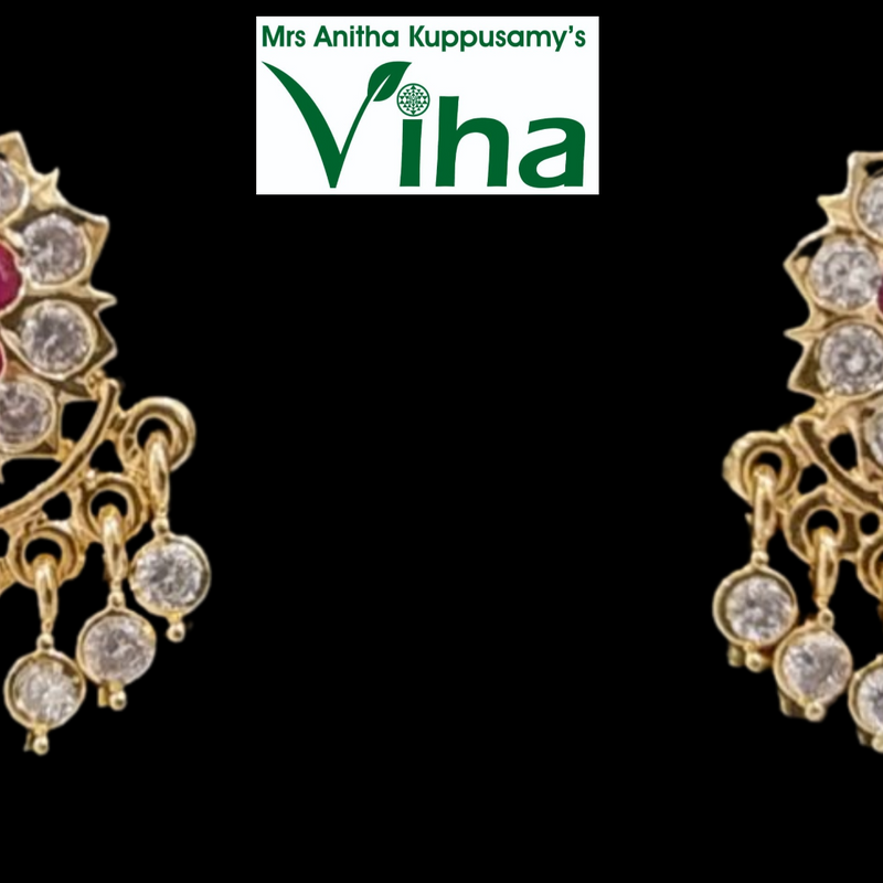 Impon Studs with a floral cluster, dangling pendants and pink center stones