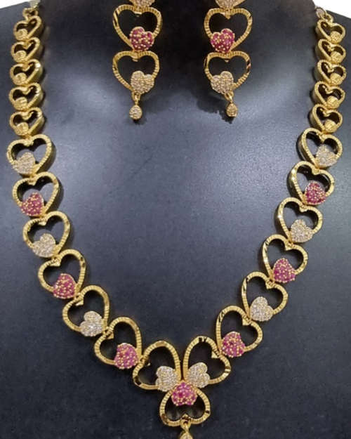 Impon Necklace Set with heart links and pink and white stones