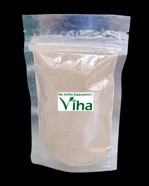 Honey Powder Natural, a clear, glossy, stand-up resealable plastic pouch filled with light beige powder against a black background