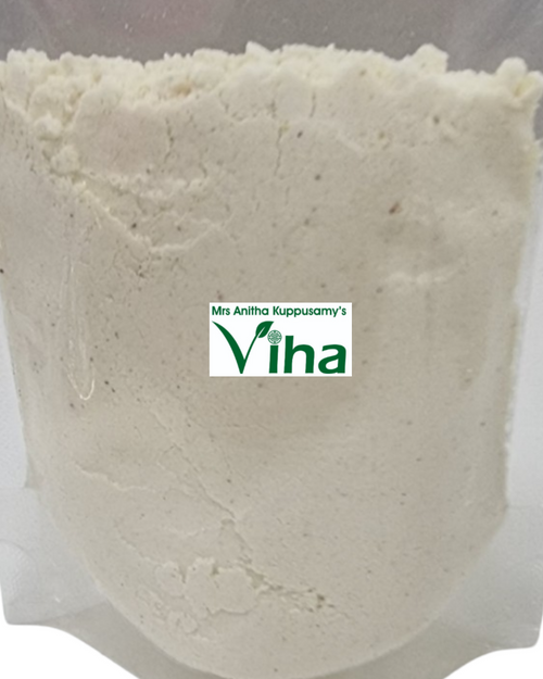 Cheese Powder, off-white matte powdery substance inside a clear transparent plastic pouch with a white label bearing green text in the center