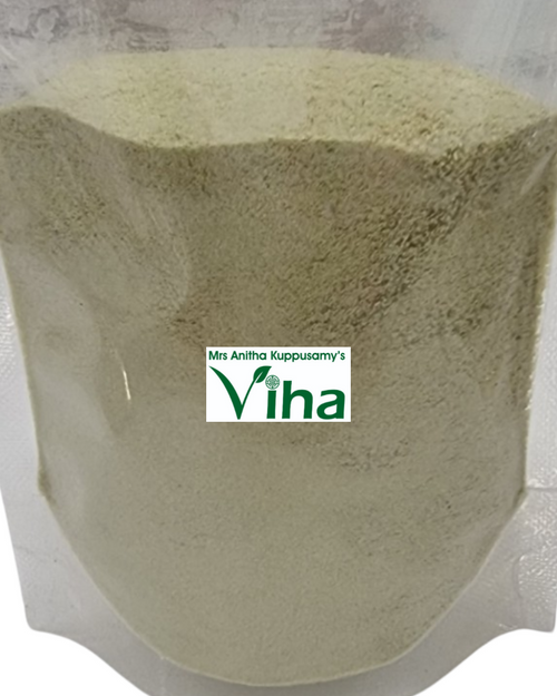 Natural Green Chilli Powder, a transparent pouch filled with fine, light-olive-green powder with a matte finish