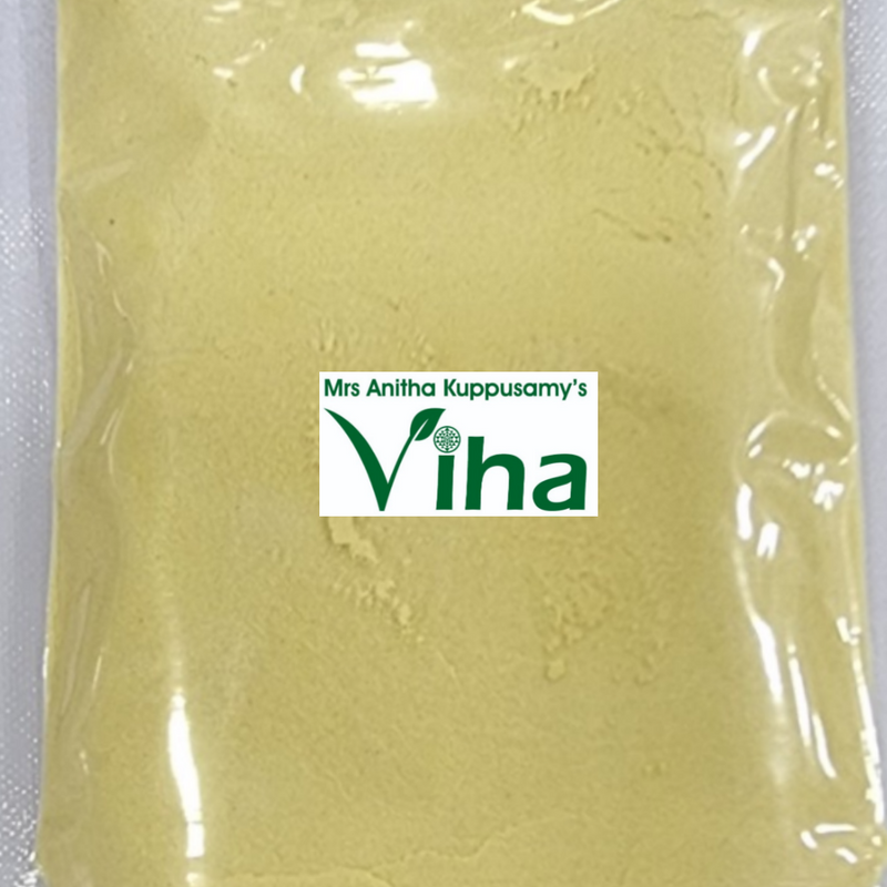 Mango Fruit Powder Natural, a sealed, translucent plastic pouch containing a fine, pale-yellow powdery substance