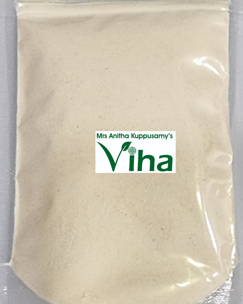 Natural Guava Fruit Powder, a sealed clear plastic pouch containing light-beige powder with a white label in the centre displaying green lettering