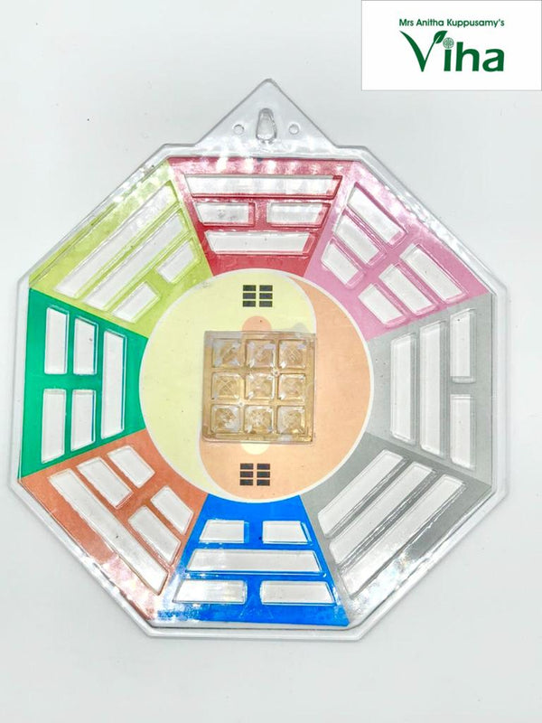 Vastu Inside Bagua, an octagonal multicolored plastic plaque with a central yin-yang symbol containing a square grid of nine faceted yellow-toned stones