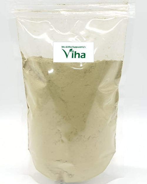 Henna Powder, a tall transparent plastic pouch filled with fine light green powder, featuring a rectangular white label near the top center