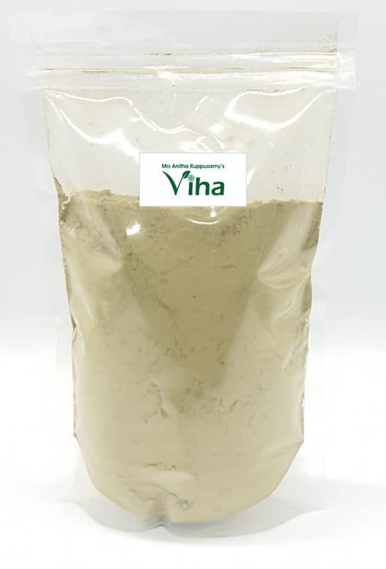 Henna Powder, a tall transparent plastic pouch filled with fine light green powder, featuring a rectangular white label near the top center