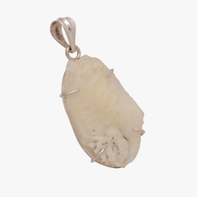 Silver Shukra Mani Pendant, irregular oblong, metal bail at the top, prong setting holding the stone