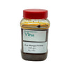 Cut Mango Pickle, squat translucent clear glass jar with a red screw lid