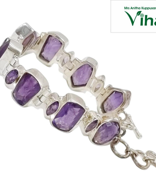 Amethyst Bracelet Designer Cut Silver with linked chain and extension chain