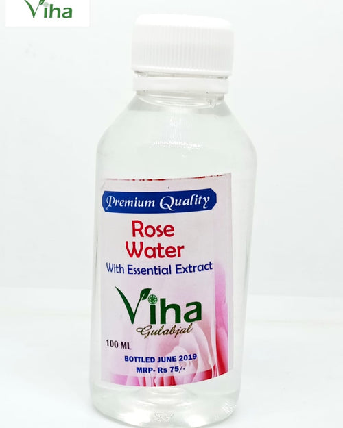Rose Water (Original), a clear plastic bottle with a white ridged cap and a label bearing blue, red, and green text stands vertically on a white surface