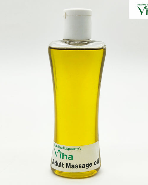 Adult Massage Oil, a clear plastic bottle filled with yellow liquid and topped with a white cap, featuring a rectangular white label at the bottom
