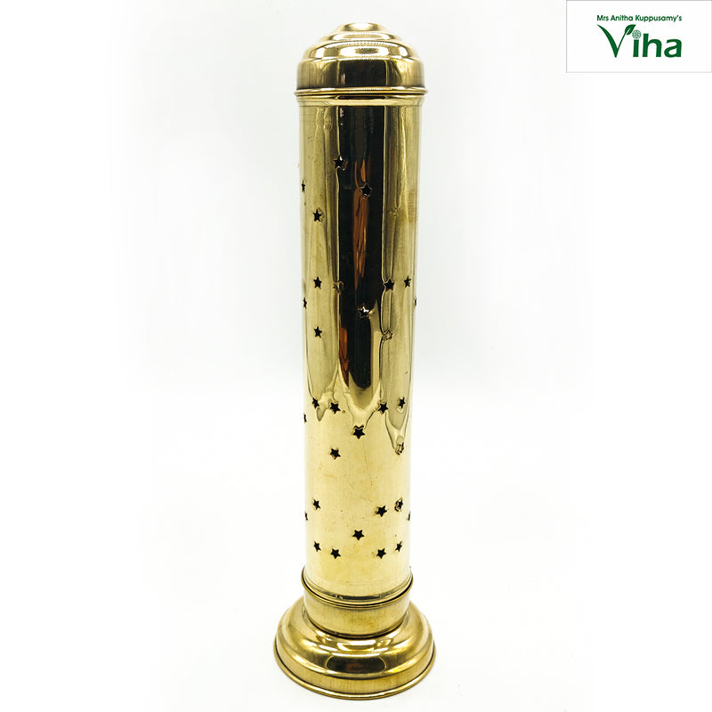 Agarbathi Stand, tall brass cylinder pierced with star-shaped holes, with a domed stepped cap and flared circular foot