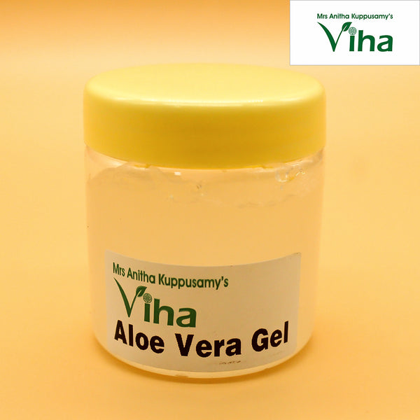 Organic Aloe Vera Gel, a round translucent jar with a glossy yellow lid, filled with whitish gel, featuring a curved white label on the front