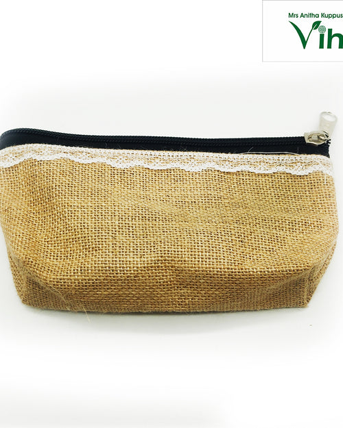Jute Designer Purse, rectangular pouch with white lace and a zippered closure