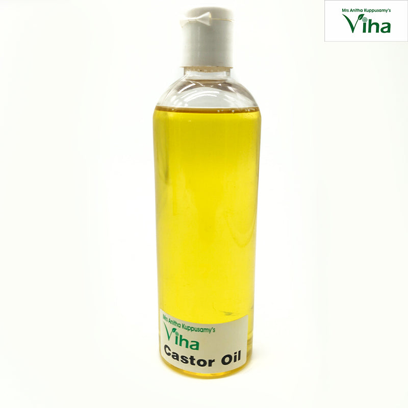 Castor Oil, a tall clear plastic bottle filled with yellow liquid, featuring a white flip-top cap and a white label near the base