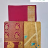 Apoorva Silk Half Saree Set, a pink fabric piece with a gold-toned border, a pink patterned textile, and a gold-toned sheer fabric piece