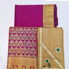 Apoorva Silk Half Saree Set, a magenta and gold-toned woven fabric set featuring two folded pieces and one flat piece with two green-centered floral appliqués