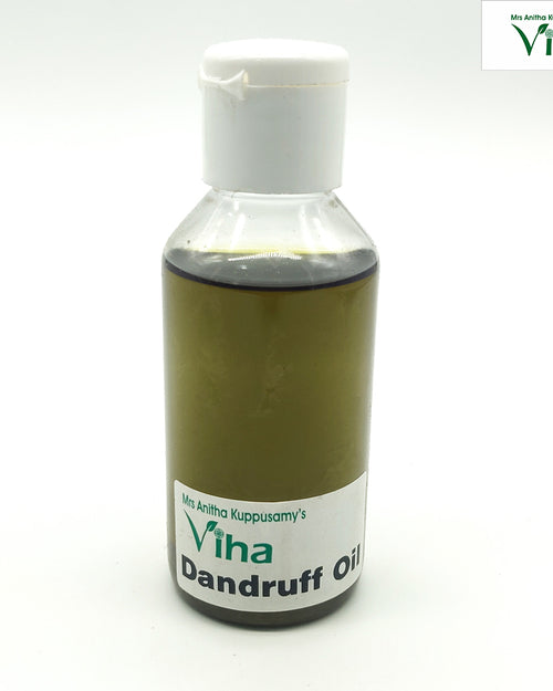 Anti Dandruff Oil, a transparent round bottle with a white flip-top cap, filled with dark green liquid and featuring a rectangular label near the base
