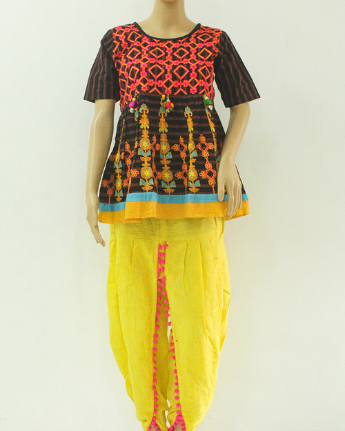 Traditional Kath-Putli Kedia and Tulip Pants, with embroidered geometric patterns and pom-pom trim