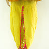 Traditional Kath-Putli Kedia and Tulip Pants, yellow pleated pants featuring bright pink pom-poms along overlapping front edges
