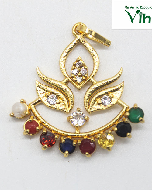 Navarathna Durga Pendant, ornate crescent and teardrop shape with hanging stones and loop at top