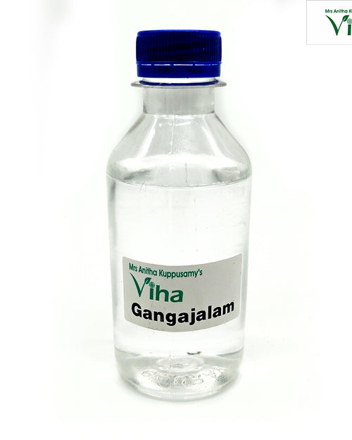 Pure Gangajalam, a clear bottle with a ribbed blue screw cap, filled with transparent liquid, bearing a white label displaying black and green lettering