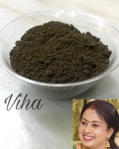 Pain Relief Powder, a clear glass bowl filled with dark green powder, alongside an inset photo of a smiling woman with dark hair wearing drop earrings