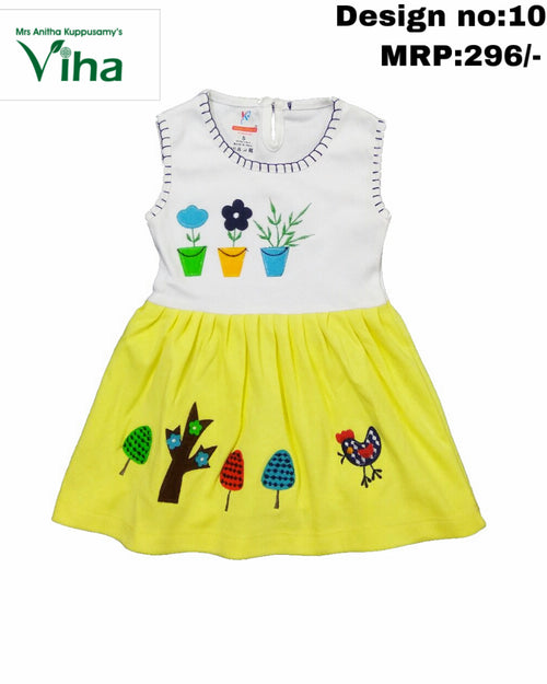 Kids wear - Frock, with embroidered plant motifs on chest and tree motifs on skirt