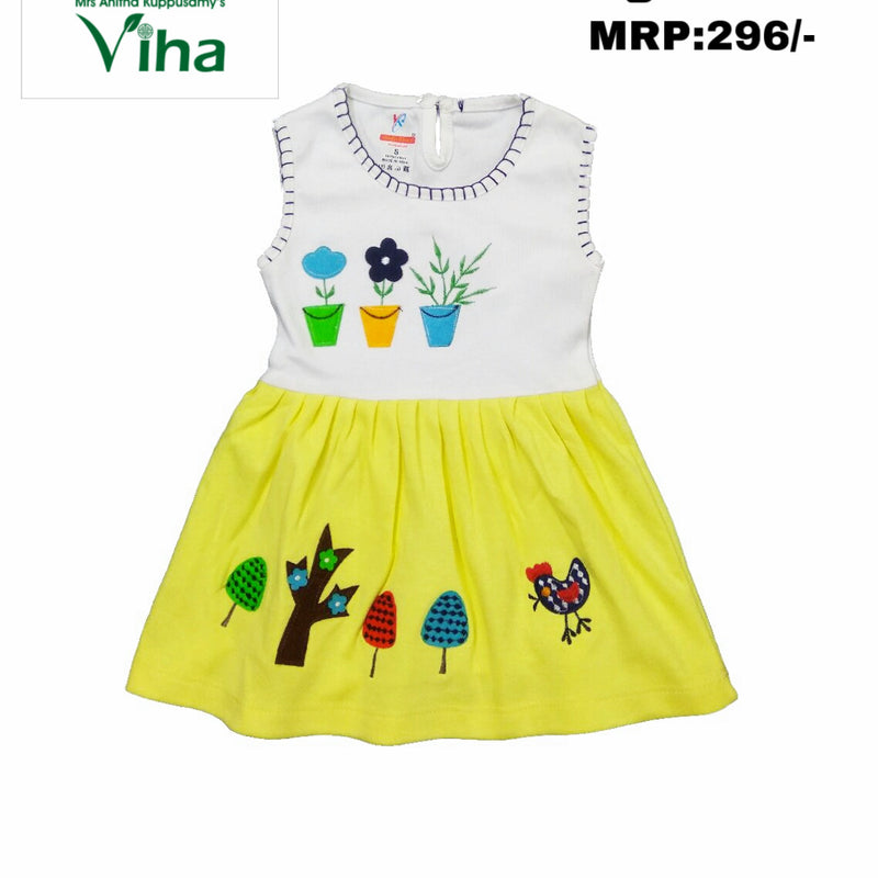 Kids wear - Frock, with embroidered plant motifs on chest and tree motifs on skirt