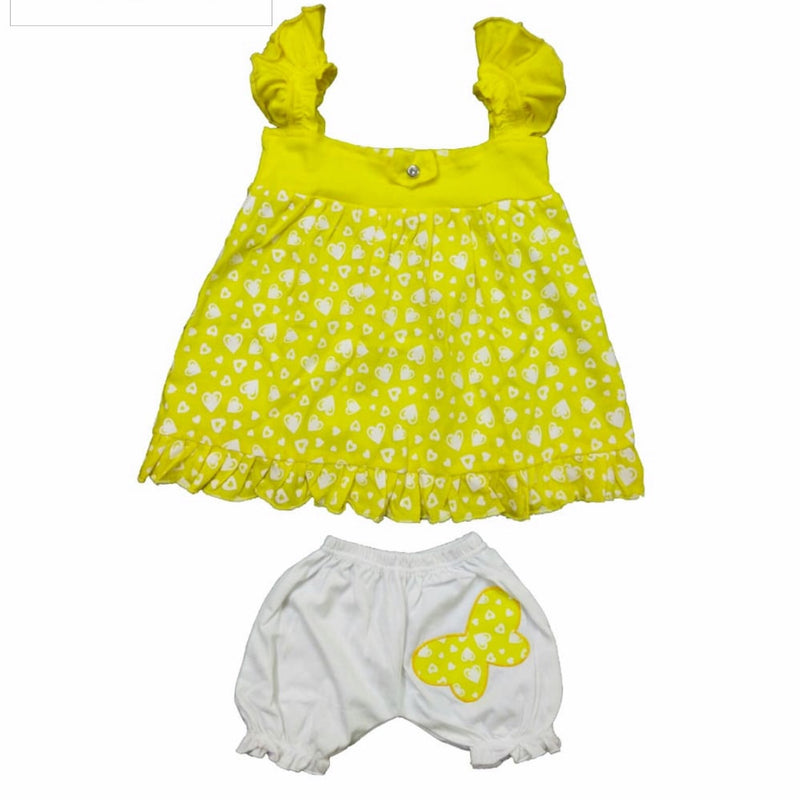 Kids Wear - 2 Piece Set, with white heart pattern on yellow top and ruffled shoulders