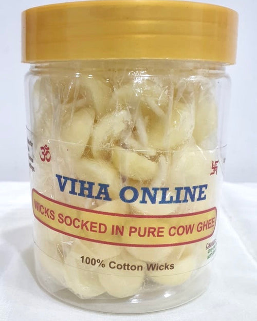 Ghee deepam wicks, jar of 100 cotton wicks soaked in cow ghee