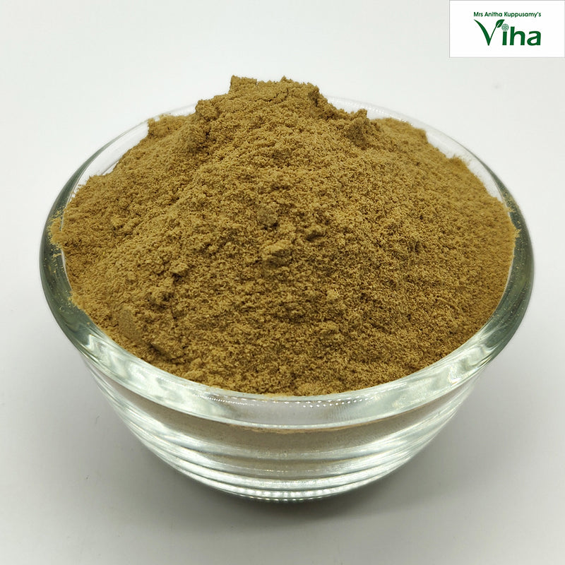 Black Turmeric Powder, a clear glass round bowl containing a mound of fine, matte, brownish-yellow powder against a white background