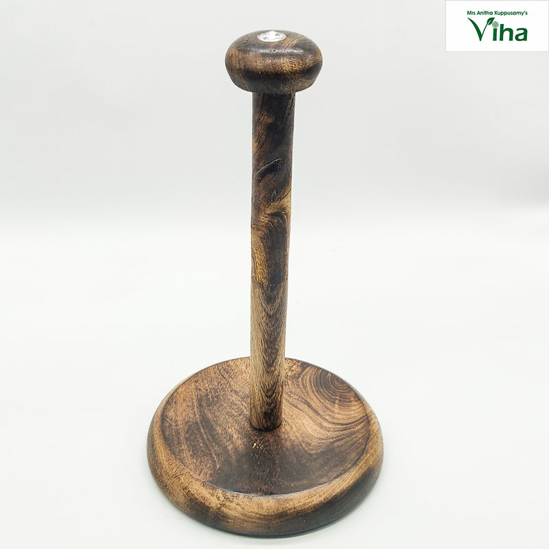 Wooden Kitchen Tissue Towel Holder, a glossy brown wood-grained vertical stand featuring one round flat base and one rounded top cap