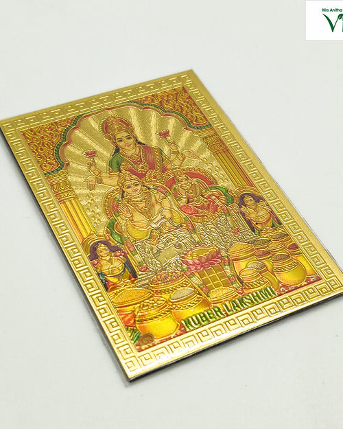 Magnetic Metal Lakshmi Kuberar Photo, a rectangular gold-toned metallic card with embossed figures, pots, and geometric borders