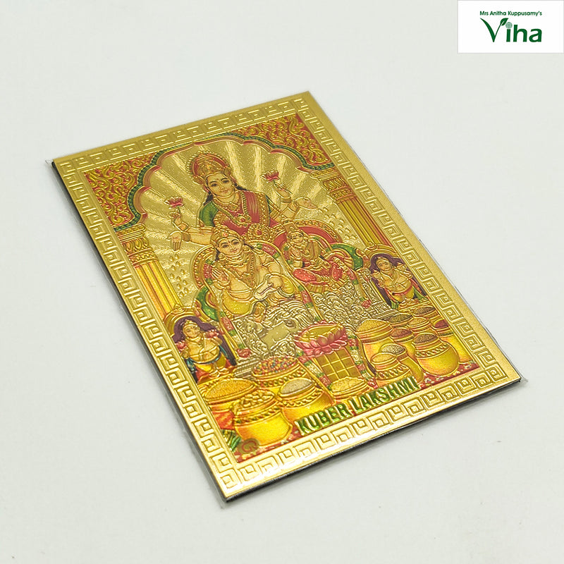 Magnetic Metal Lakshmi Kuberar Photo, a rectangular gold-toned metallic card with embossed figures, pots, and geometric borders