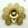 Brass Aishwarya Lakshmi Kubera deepam, central oil bowl ringed by eight embossed Lakshmi coins