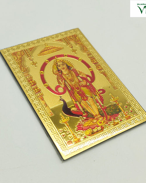 Magnetic Metal Murugar Photo, an embossed gold-tone metal plate of Murugan with his vel and his peacock