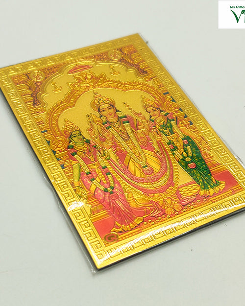Magnetic Metal Murugan Valli Deivanai Photo, an embossed gold-tone metal plate of Murugan with Valli and Deivanai
