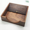 Wooden Napkin Tray / Tissue Holder Tray, a square brown wooden box with one inclined lid featuring a single gold-toned knob and front cutout