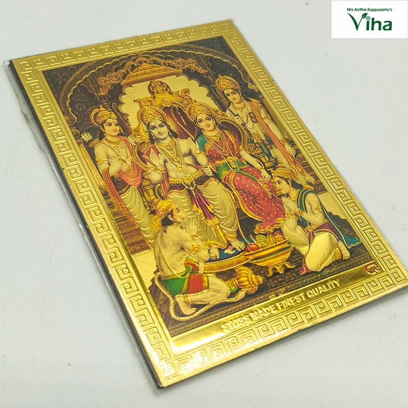 Magnetic Metal Ram Sita Photo, a rectangular gold-toned plaque with five seated figures in raised detail and a geometric border