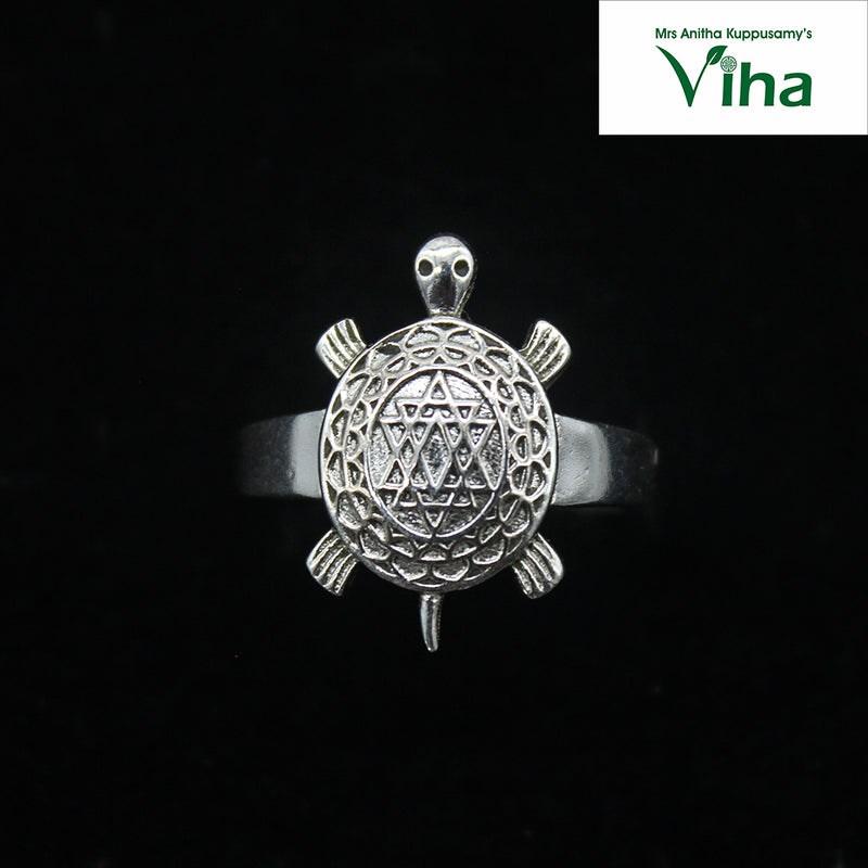 Silver Tortoise Ring Adjustable, circular band with a turtle-shaped ornament on top