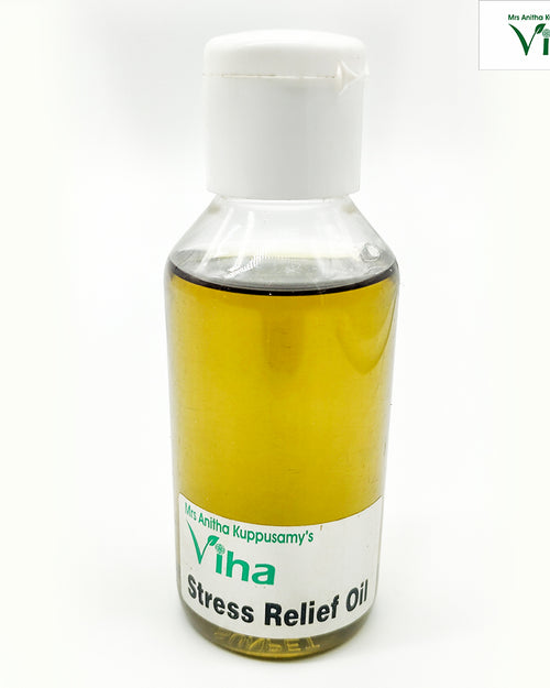 Stress Relief Oil, a clear plastic bottle filled with yellow liquid, featuring a white flip-top cap and a white label with green and black text