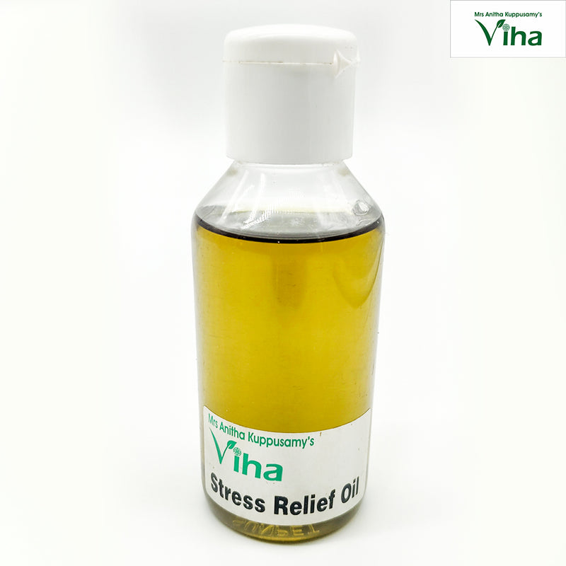 Stress Relief Oil, a clear plastic bottle filled with yellow liquid, featuring a white flip-top cap and a white label with green and black text