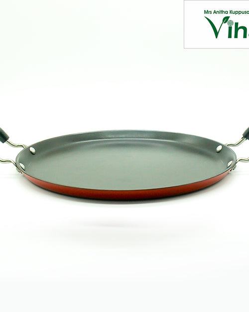 Iron Tawa, a round flat dark grey pan with an orange rim, two metal-jointed side handles, and four visible rivets